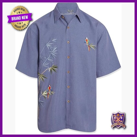 Men's Short Sleeve Button Down Camp Shirt with Embroidered Tropical Design